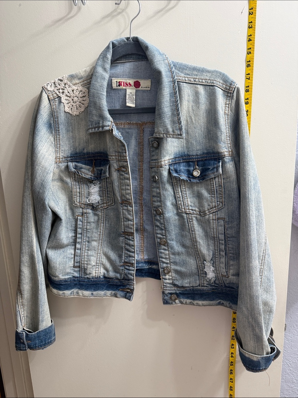1st Kiss Light Blue Distressed Denim Jacket with Crochet Accent